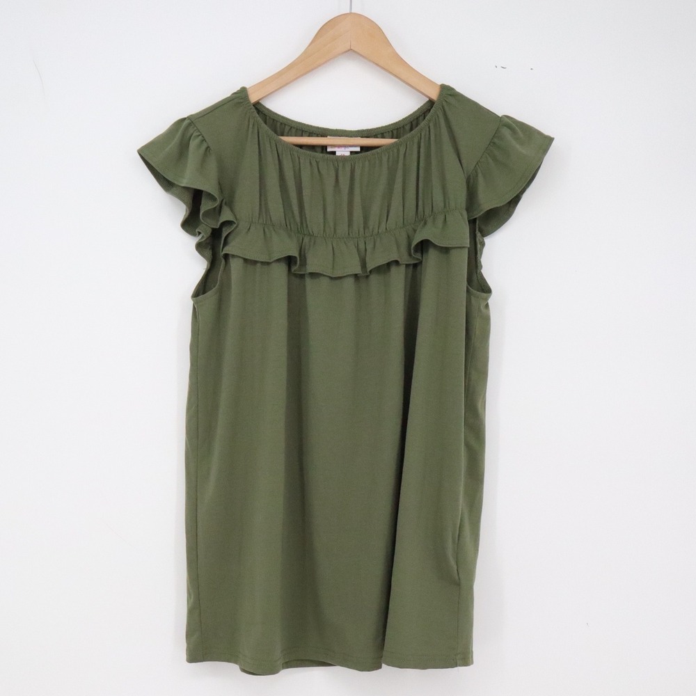 LuLaRoe Top Womens Medium Stasha Olive Green Ruffle Flutter Sleeve NEW